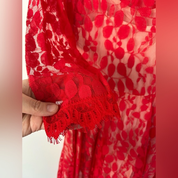 FREE PEOPLE Floral Leaf Mesh Lace Dress Red Size 6 - Picture 10 of 11